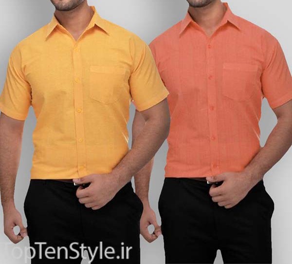 پیراهن مردانه آستین کوتاه زرد صورتی نارنجی